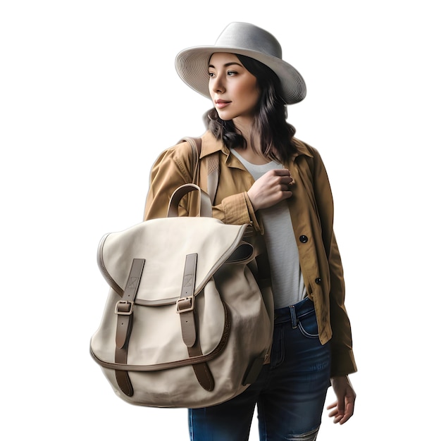 PSD gratuito retrato de una hermosa mujer asiática con sombrero y abrigo con mochila aislada sobre un fondo blanco