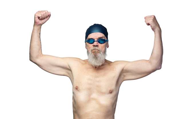 PSD gratuito retrato, de, hombre mayor, con, equipo de natación
