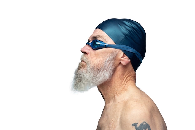 retrato, de, hombre mayor, con, equipo de natación