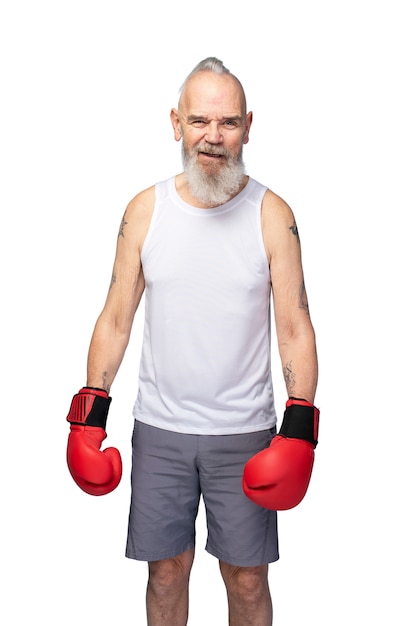 Retrato, de, hombre mayor, con, guantes de boxeo