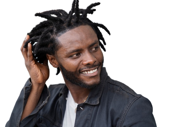 retrato, de, joven, con, afro, rastas, peinado