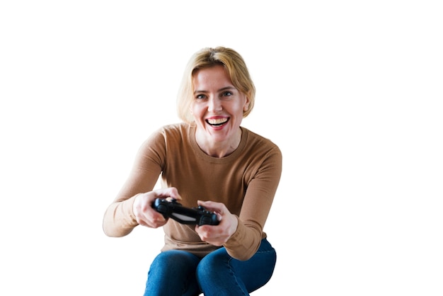 PSD gratuito retrato de mujer jugando videojuegos