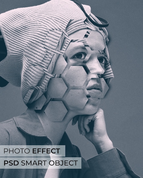 Retrato de persona con efecto de formas fragmentadas.