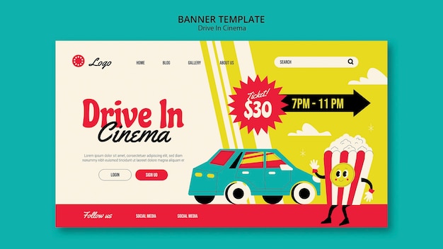 Gratis PSD retro drive in bioscoop-bestemmingspagina-sjabloon