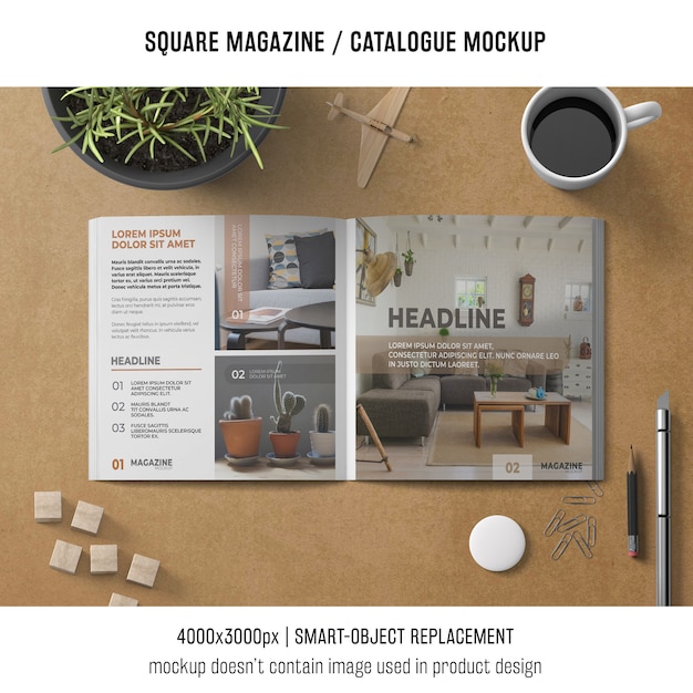 PSD gratuito revista cuadrada o maqueta de catálogo con café y objetos