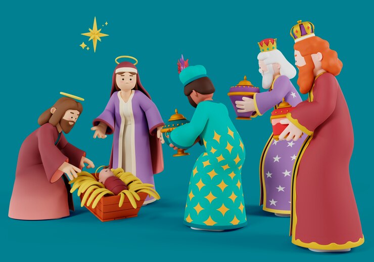 PSD gratuito reyes magos que vienen con regalos para el niño jesús