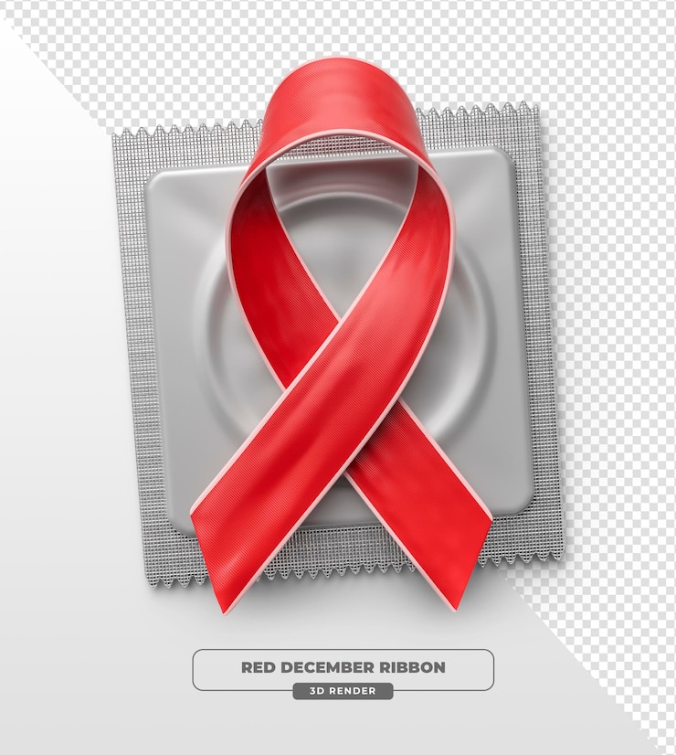 PSD gratuito ribbon di consapevolezza sull'aids con preservativi in 3d su sfondo trasparente