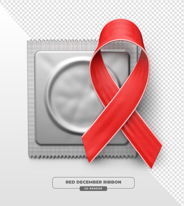 PSD gratuito ribbon di consapevolezza sull'aids con preservativi in 3d su sfondo trasparente