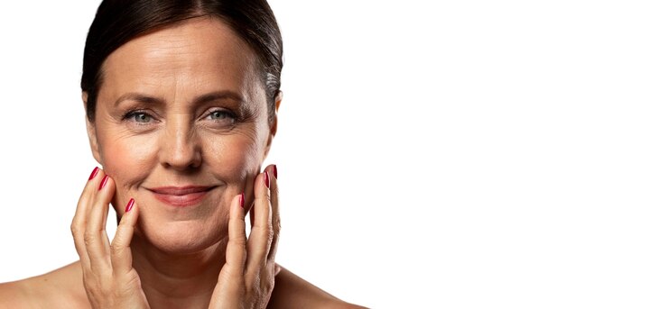 PSD gratuito ritratto di donna anziana con trucco naturale e pelle chiara