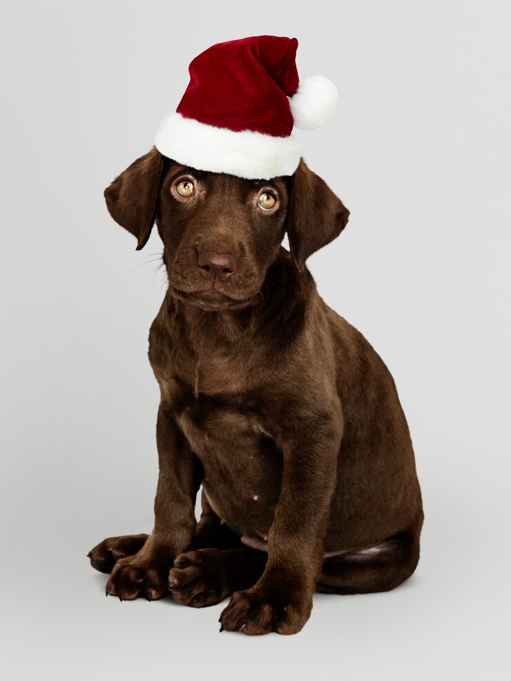 PSD gratuito ritratto di un simpatico cucciolo di labrador retriever che indossa un cappello di babbo natale