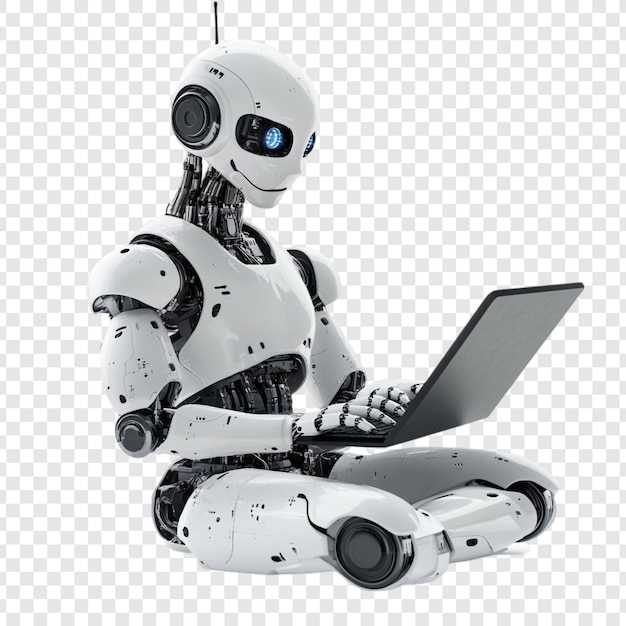 Un robot futurista usando una computadora portátil