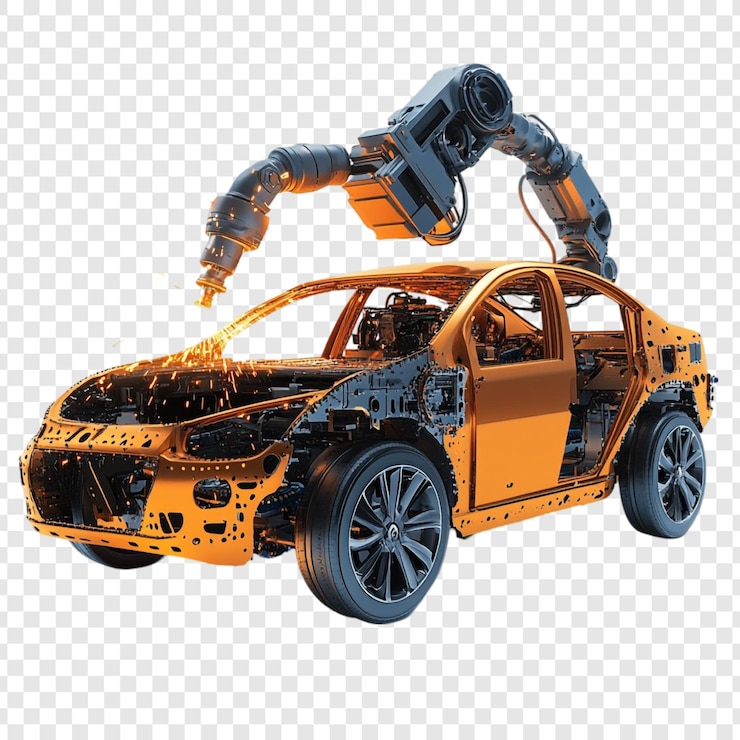 PSD Gratis robotic arm welding orange car chassis modern automotive manufacturing process