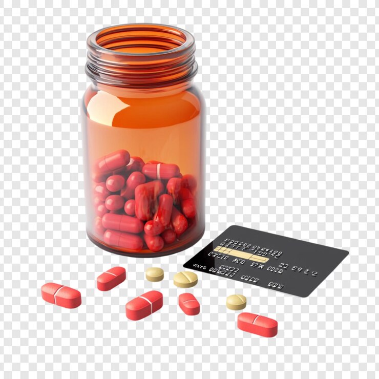 Gratis PSD rode pillen in een amberfles bij een creditcard de hoge kosten van medicijnen