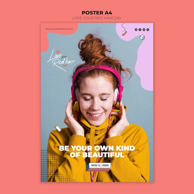 Gratis PSD rood haar dag concept poster sjabloon