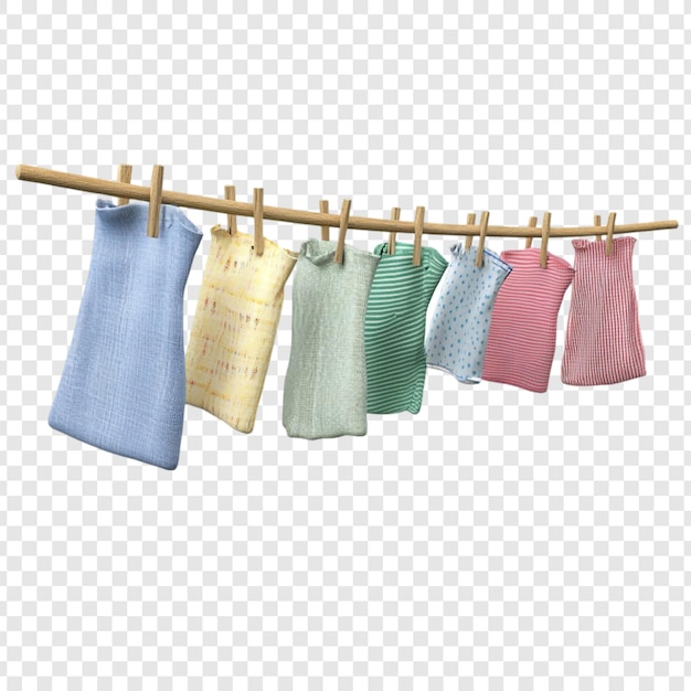 Ropa colgada en un cordón de la ropa Una representación en 3D de prendas de vestir coloridas que se secan al sol