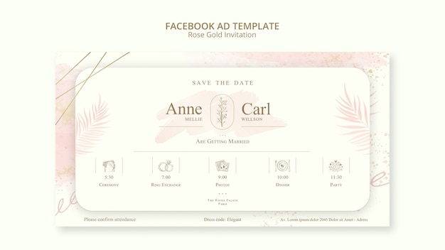 Rosé gouden bruiloft social media promo sjabloon met bladeren