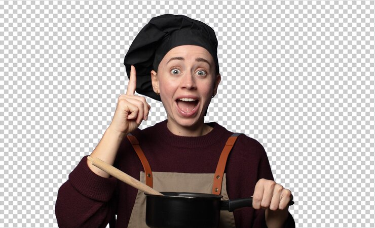 PSD gratuito rubia joven bonita mujer chef con herramientas de cocina