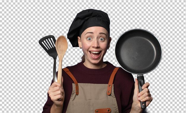 rubia joven bonita mujer chef con herramientas de cocina