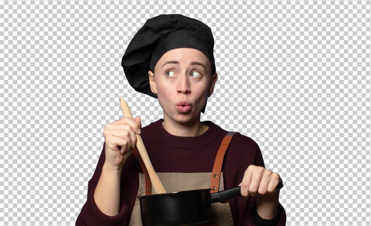 PSD gratuito rubia joven bonita mujer chef con herramientas de cocina