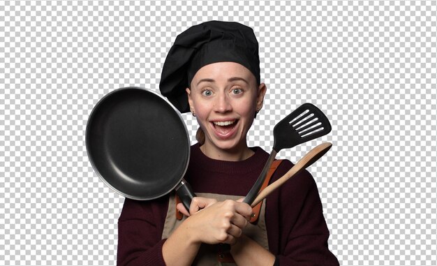 rubia joven bonita mujer chef con herramientas de cocina