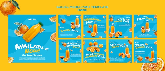 PSD gratuito sabrosa colección de publicaciones de instagram de jugo de naranja