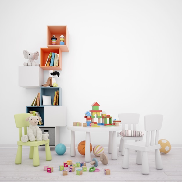 Sala de juegos para niños con cajones de almacenamiento, mesa y muchos juguetes.