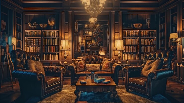 PSD gratuito sala lettura nella vecchia biblioteca o casa ia generativa