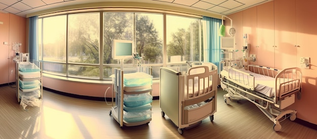 Sala de maternidad en hospital y cunas vacías ia generativa