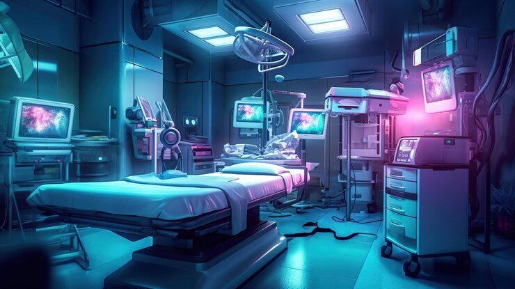 PSD gratuito sala operatoria vuota dell'ospedale con letto operatorio e luce chirurgica ai generativa