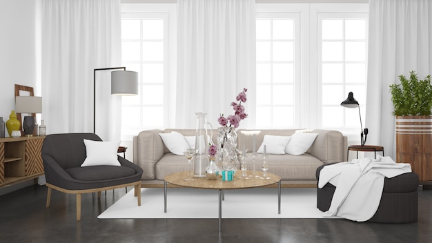 salón moderno y realista con sofá y paredes blancas