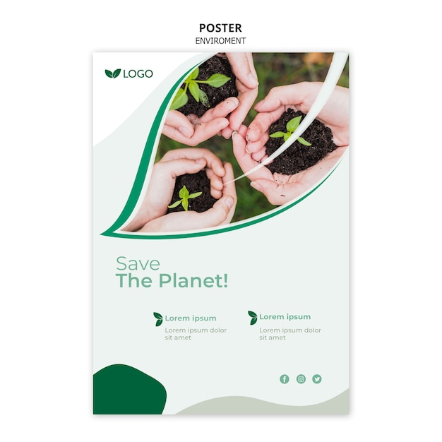 Salvare il modello di poster del pianeta con le mani che tengono le piante nel terreno