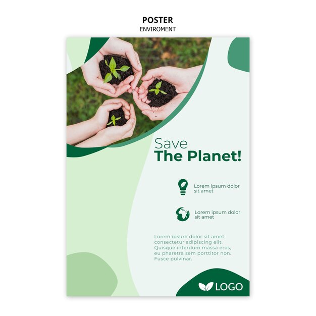 Salvare il modello di poster del pianeta con piante e mani