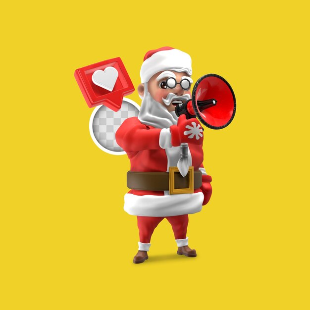 Santa Claus anunciando la Navidad con megáfono. Representación 3d