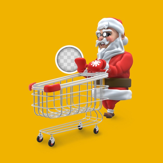 Santa Claus con carrito de compras. Representación 3D.