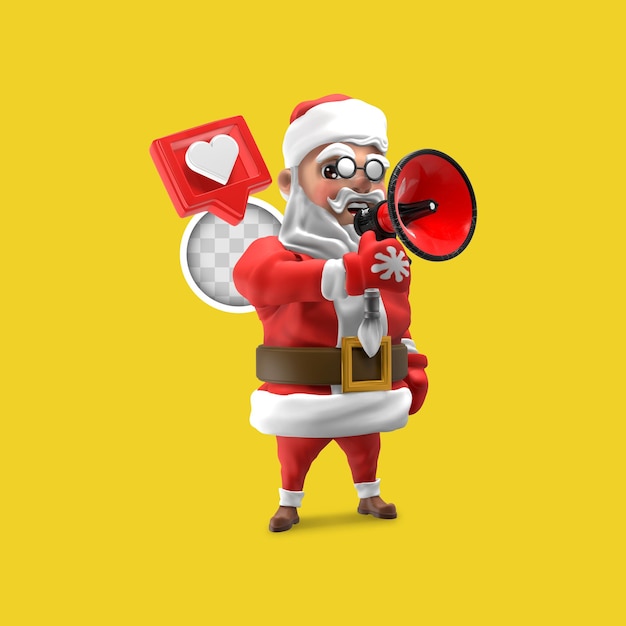 Santa Claus kondigt Kerstmis aan met megafoon. 3D-rendering