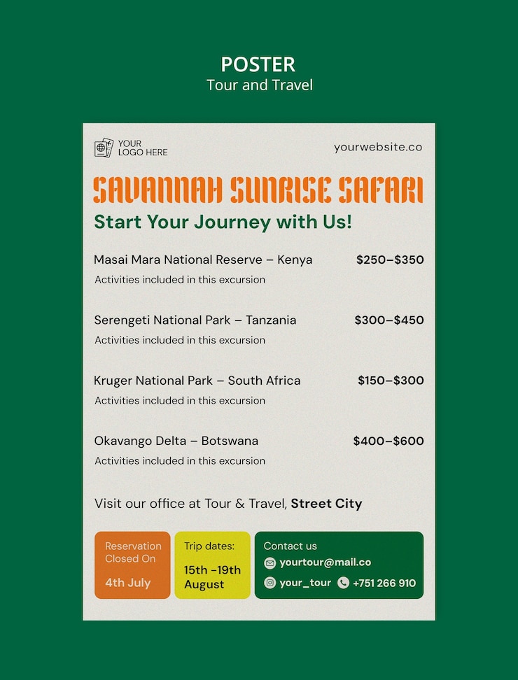 PSD Gratis savannah sunrise safari tour poster