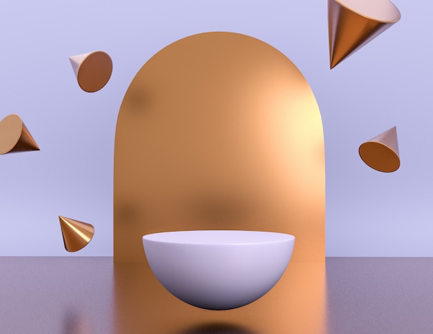 Scena viola geometrica 3D per posizionamento del prodotto con oggetti in ottone a levitazione e colori modificabili