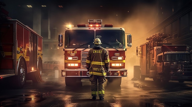 Scène van brandweerman en brandweerwagen generatieve ai