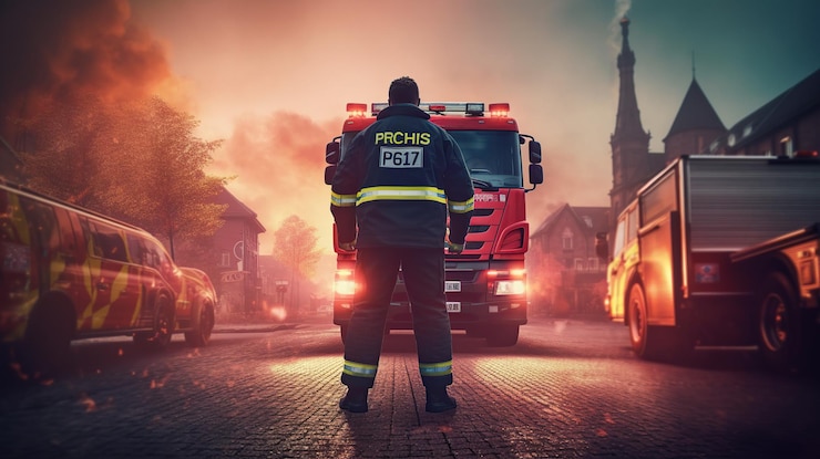 Gratis PSD scène van brandweerman en brandweerwagen generatieve ai