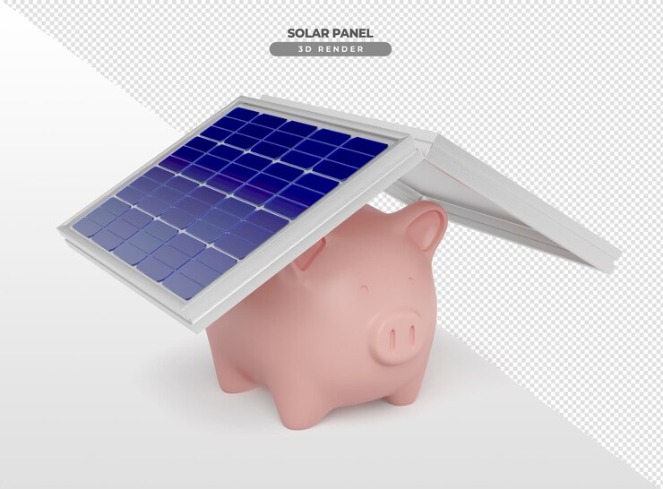 Schede a energia solare con maiale economico in rendering 3d realistico