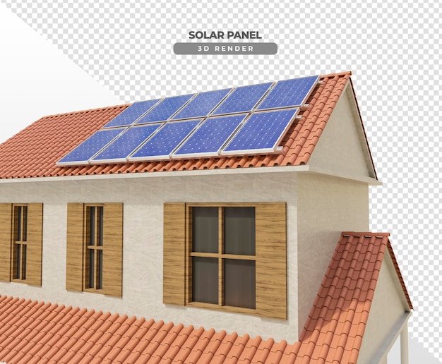 Schede di energia solare sul tetto della casa nel rendering realistico 3d