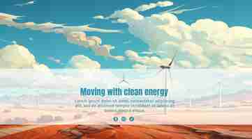 Gratis PSD schone energie banner met tekst op achtergrond illustratie met windturbines