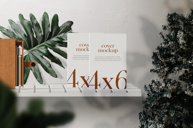 Schoon minimaal boek 4x6 mockup staande op de bovenste plank met blad en planten