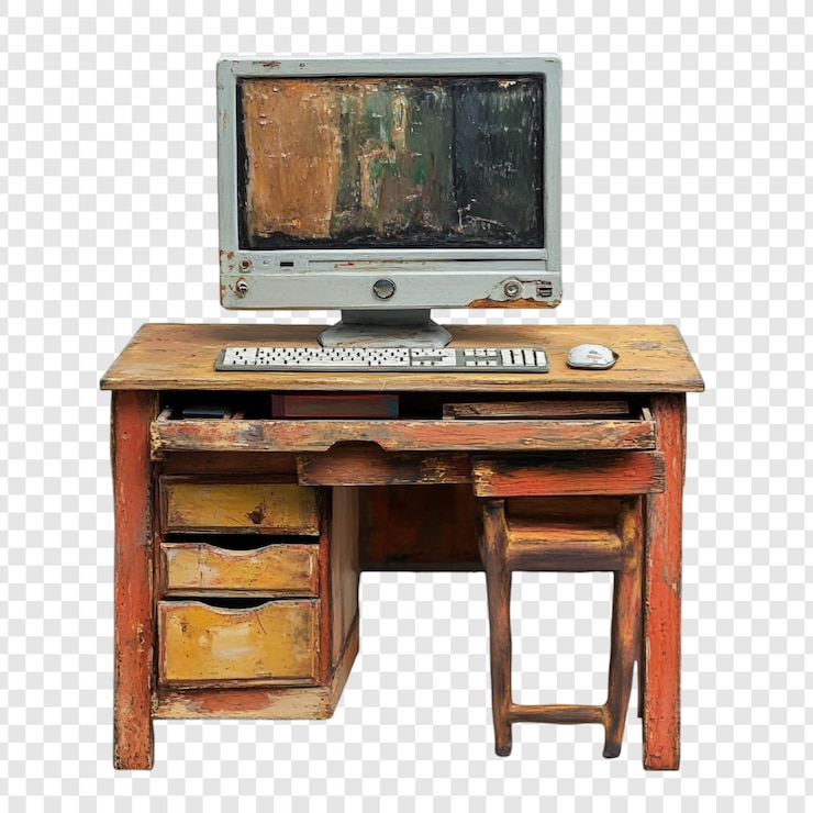PSD gratuito scrivania rustica in legno con vecchio computer