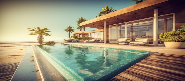 PSD Gratis sea viewluxury modern beach house generative ai