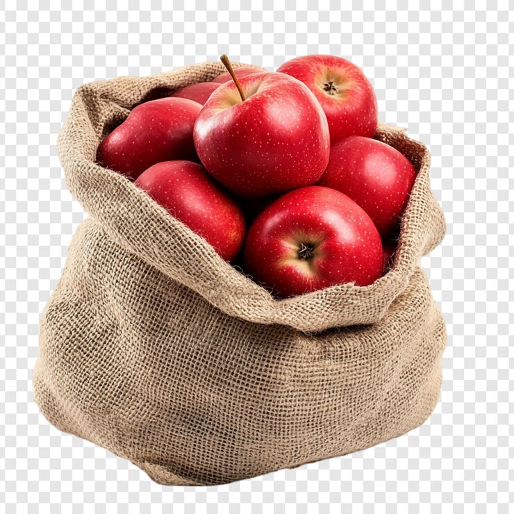 PSD Gratis sekarung goni yang penuh dengan buah apel merah ranum yang segar, sebuah gambaran kelimpahan musim gugur