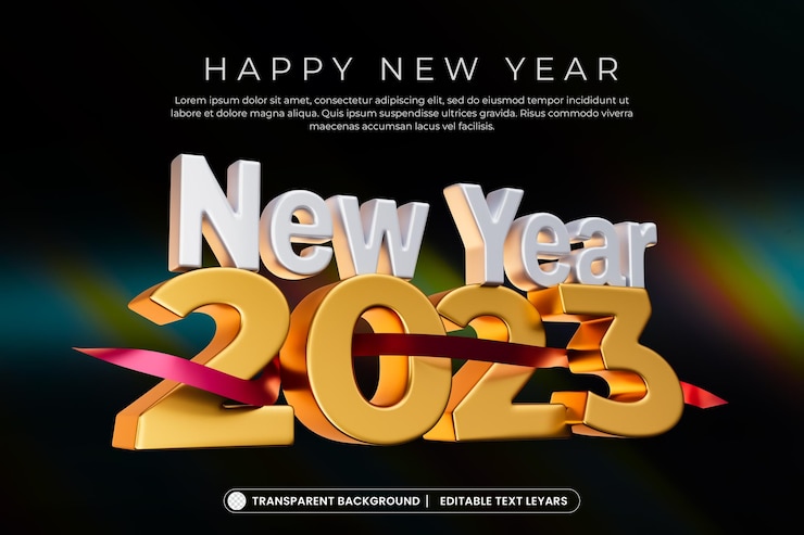 PSD Gratis selamat tahun baru 2023 dengan efek teks emas render 3d terisolasi