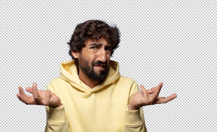 PSD gratuito sembra perplesso, confuso e stressato, si chiede tra diverse opzioni, si sente incerto.