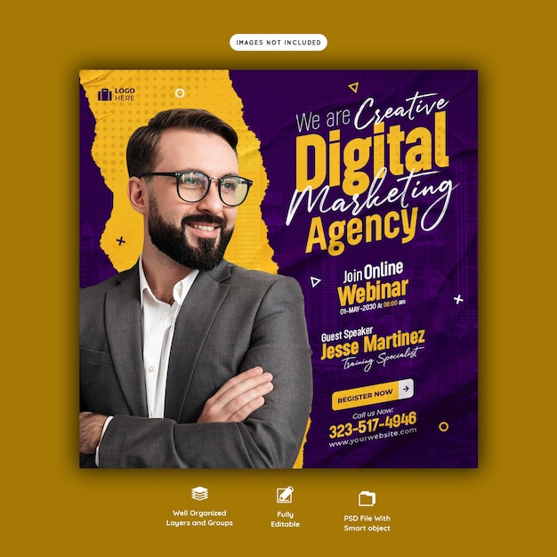 PSD gratuito seminario web en vivo de marketing digital y plantilla de publicación en redes sociales corporativas