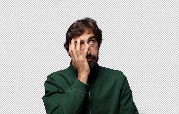 PSD gratuito sentirse aburrido, frustrado y con sueño después de una tarea aburrida y tediosa, sosteniendo la cara con la mano